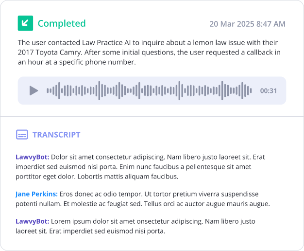 Completed client communication showing a transcript and a 31-second audio recording about a lemon law inquiry for a 2017 Toyota Camry with Law Practice AI, dated 20 Mar 2025, 8:47 AM.