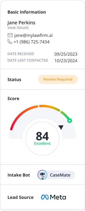 Client details card showing name Jane Perkins, email, phone number, received and last contacted dates, status review required, score 84 excellent, Intake Bot named CaseMate, and lead source Meta.