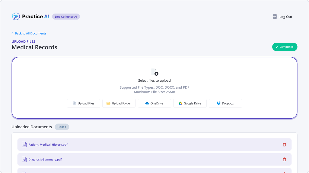Practice AI Advanced Bot Settings interface displaying a call intake bot setup with questions about case type, work-related injury, and workers’ compensation claim, with user Mark Johnson logged in.