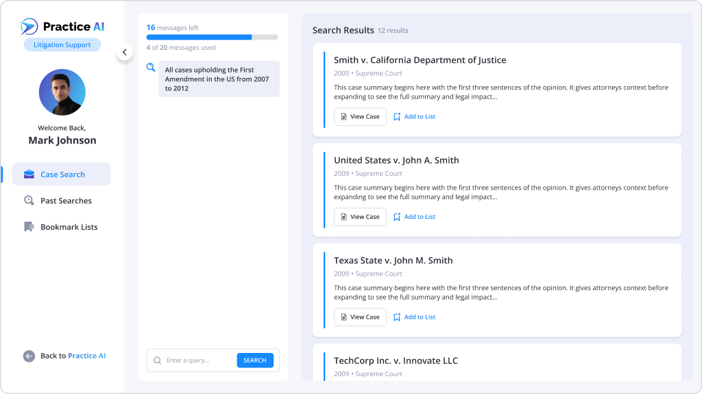 Practice AI Advanced Bot Settings interface displaying a call intake bot setup with questions about case type, work-related injury, and workers’ compensation claim, with user Mark Johnson logged in.