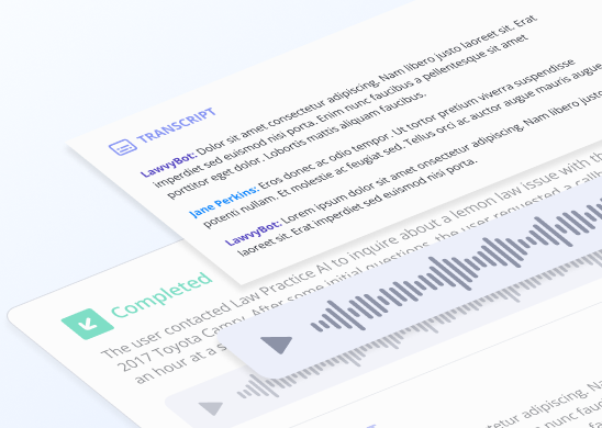 Completed client communication showing a transcript and a 31-second audio recording about a lemon law inquiry for a 2017 Toyota Camry with Law Practice AI, dated 20 Mar 2025, 8:47 AM.