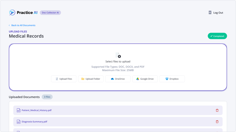 Practice AI Advanced Bot Settings interface displaying a call intake bot setup with questions about case type, work-related injury, and workers’ compensation claim, with user Mark Johnson logged in.