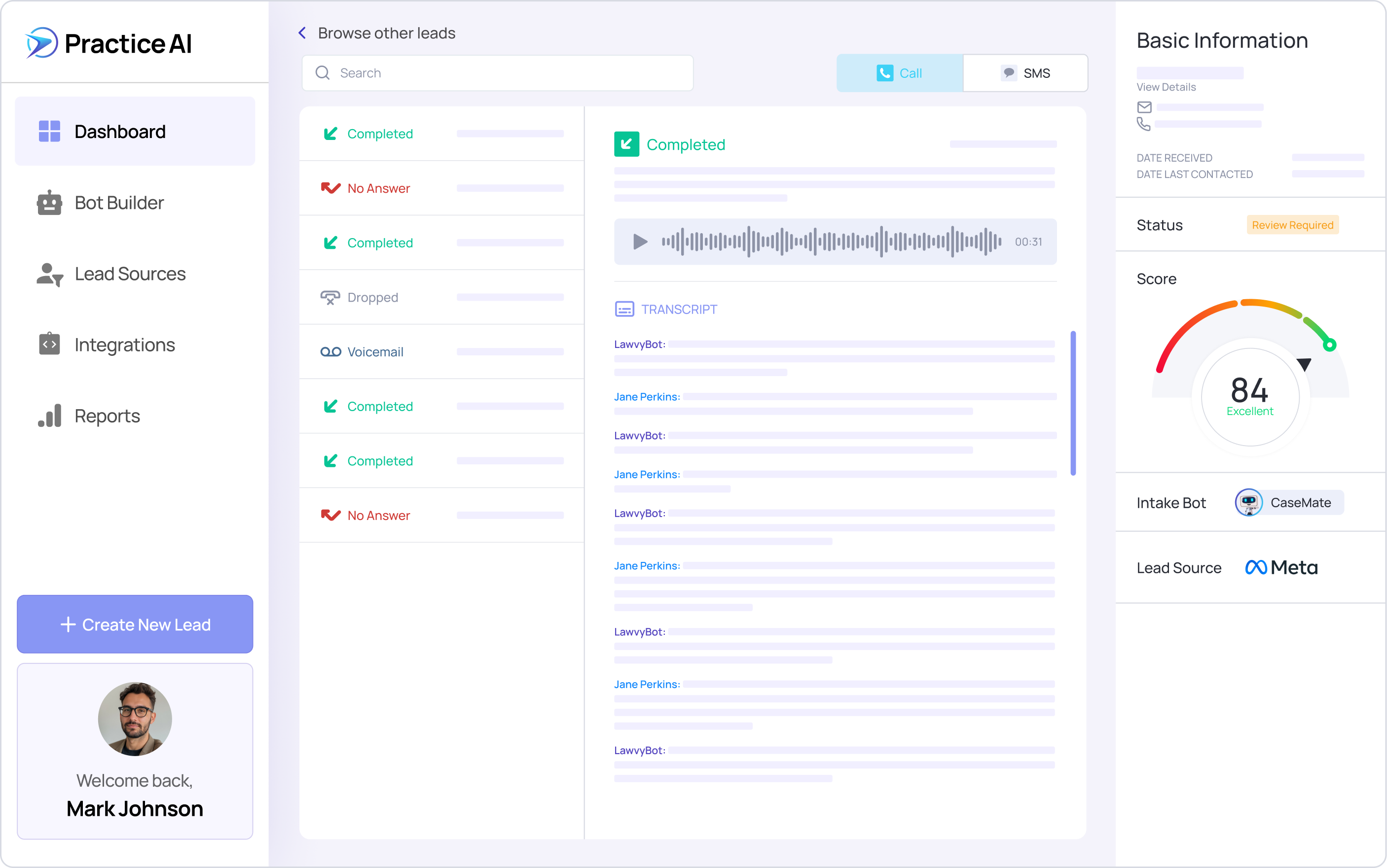 Practice AI dashboard showing lead status, call transcript, score gauge at 84 labeled Excellent, and user Mark Johnson's profile.