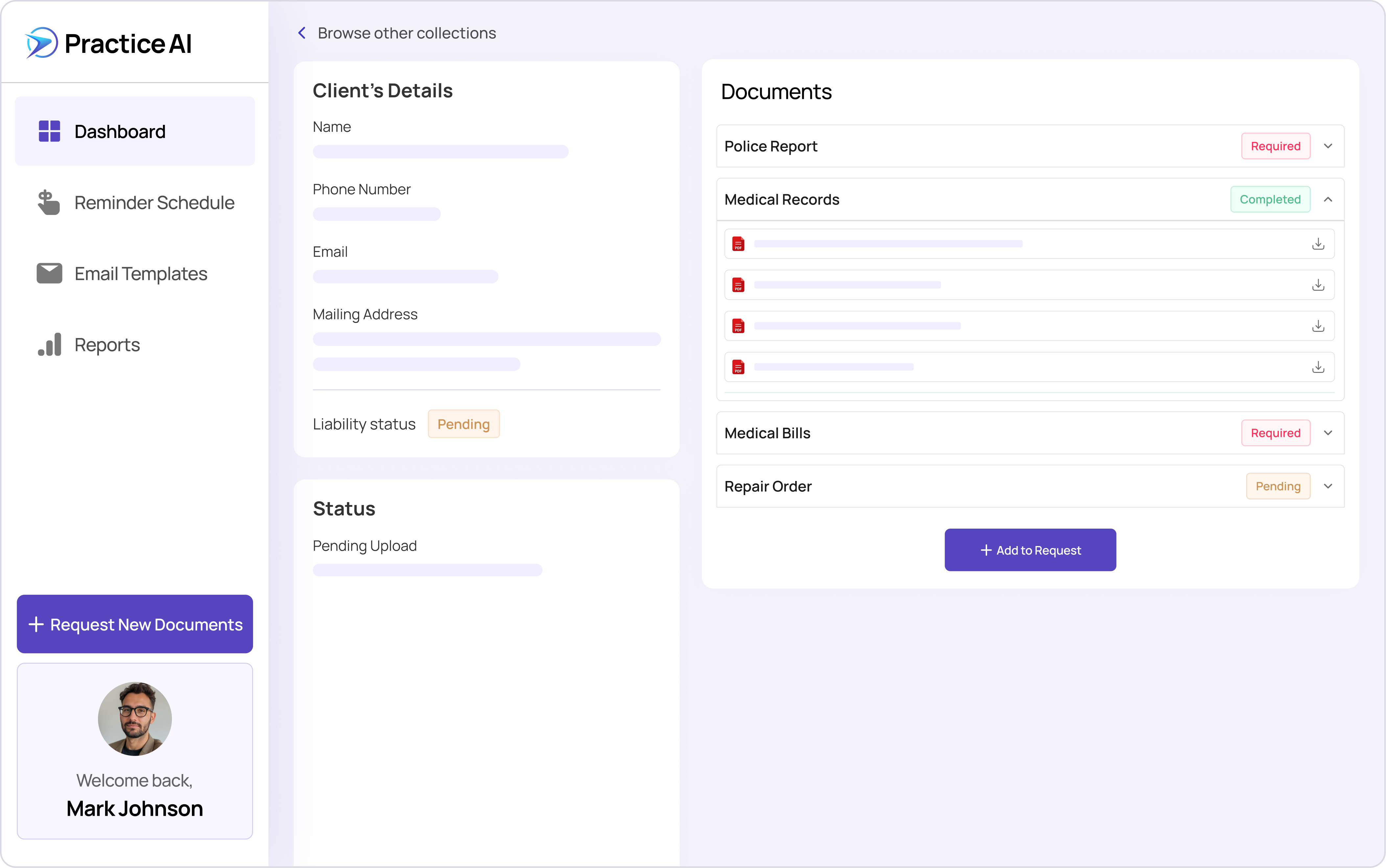 PracticeAI dashboard interface showing client details, document upload status, and document categories with completion and requirement statuses.