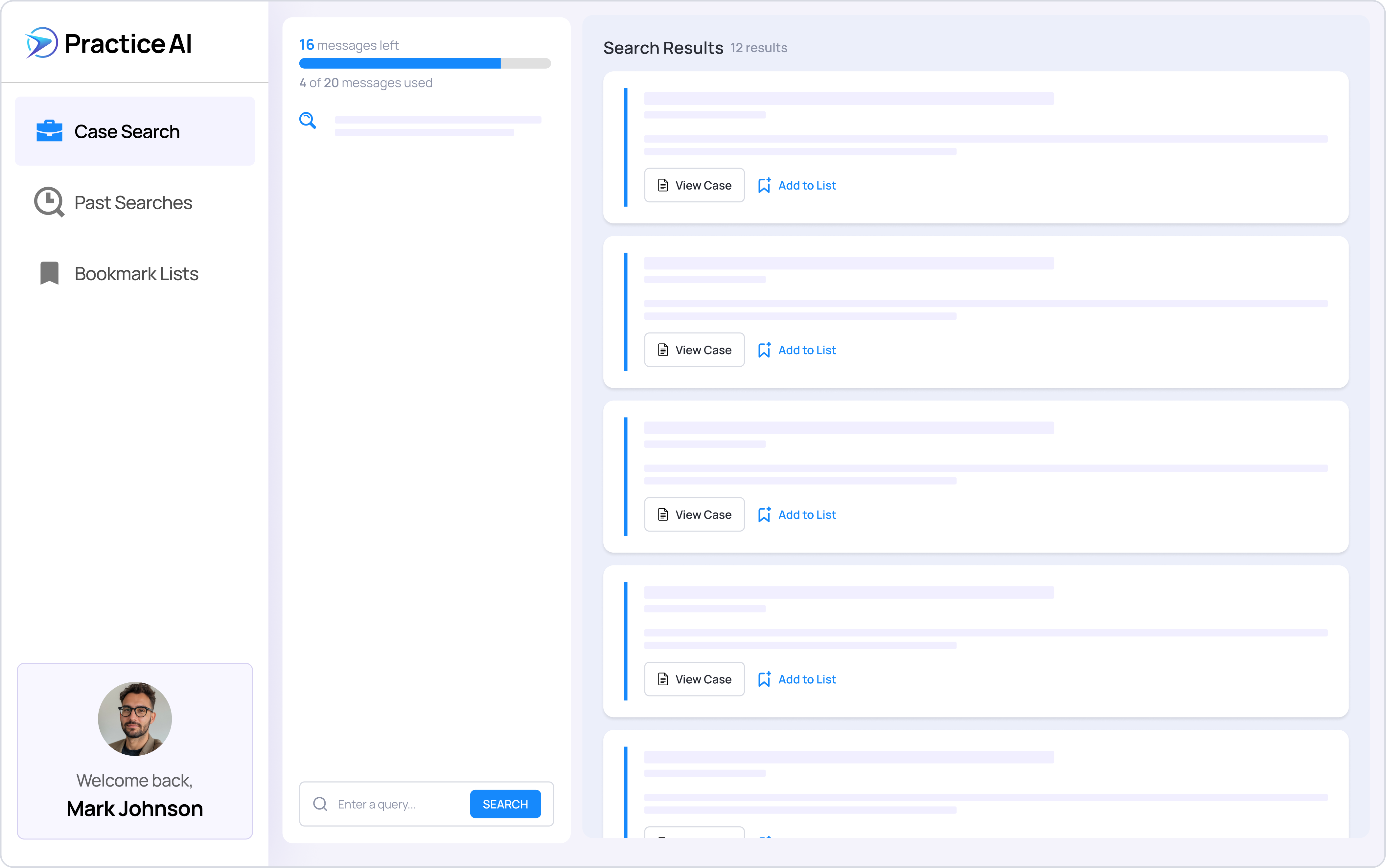 Practice AI interface showing Case Search with user Mark Johnson, search bar, message usage progress, and multiple case results with options to view or add to list.