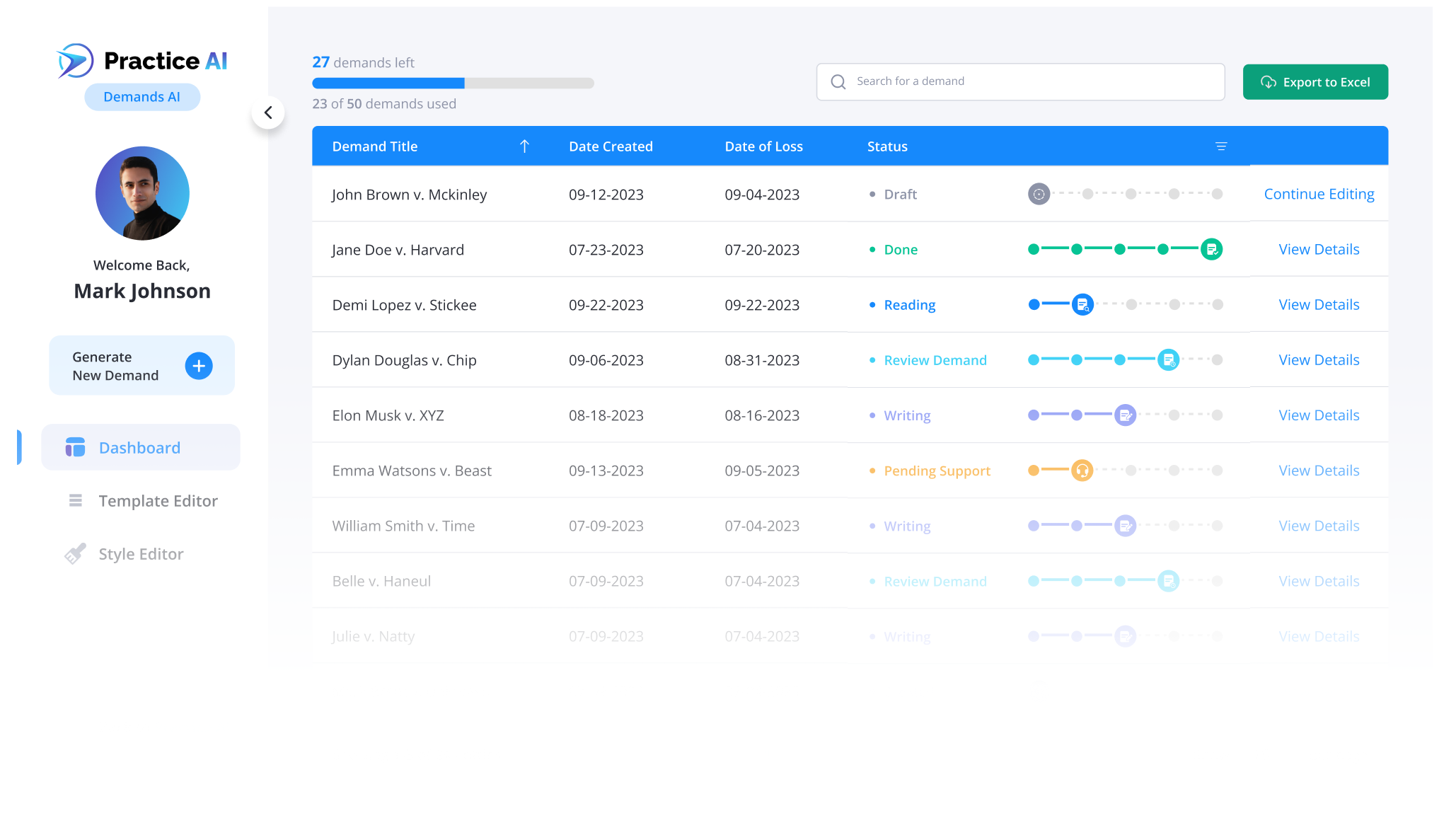 Practice AI Advanced Bot Settings interface displaying a call intake bot setup with questions about case type, work-related injury, and workers’ compensation claim, with user Mark Johnson logged in.