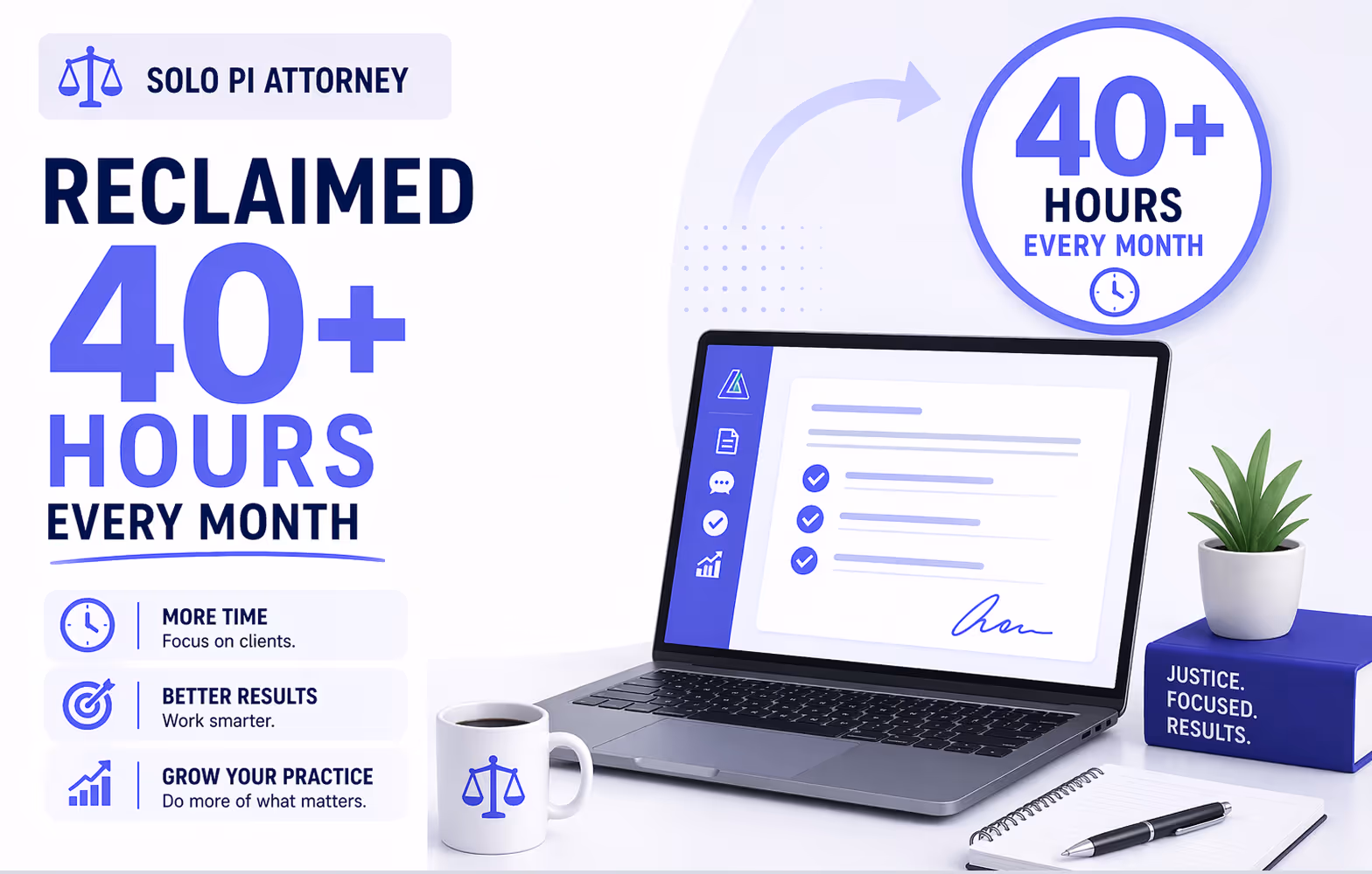 Marketing graphic showing a laptop on a desk with a coffee mug, plant, notebook, and pen, highlighting that solo PI attorneys can reclaim over 40 hours every month with benefits like more time, better results, and practice growth.
