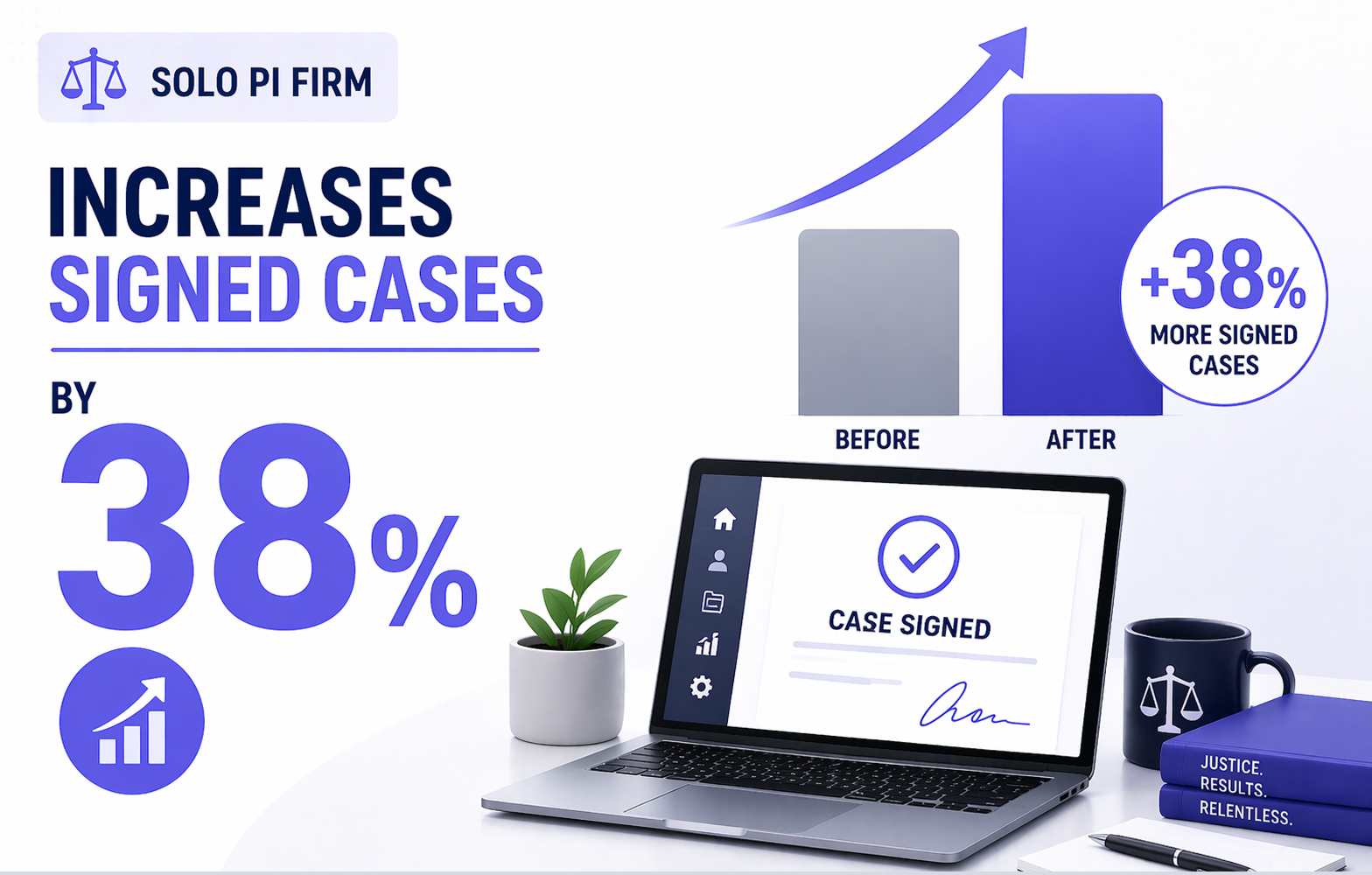 Infographic showing a solo PI firm increases signed cases by 38% with a before and after bar graph and a laptop screen displaying 'Case Signed'.