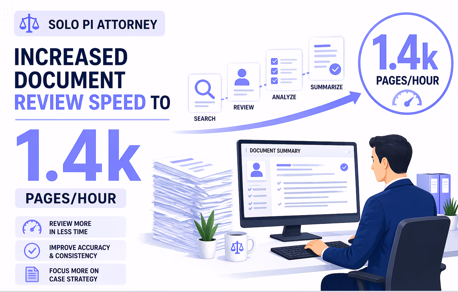 Illustration of a solo PI attorney at a desk with a large stack of papers and a computer screen showing a document summary, highlighting increased document review speed to 1.4k pages per hour.