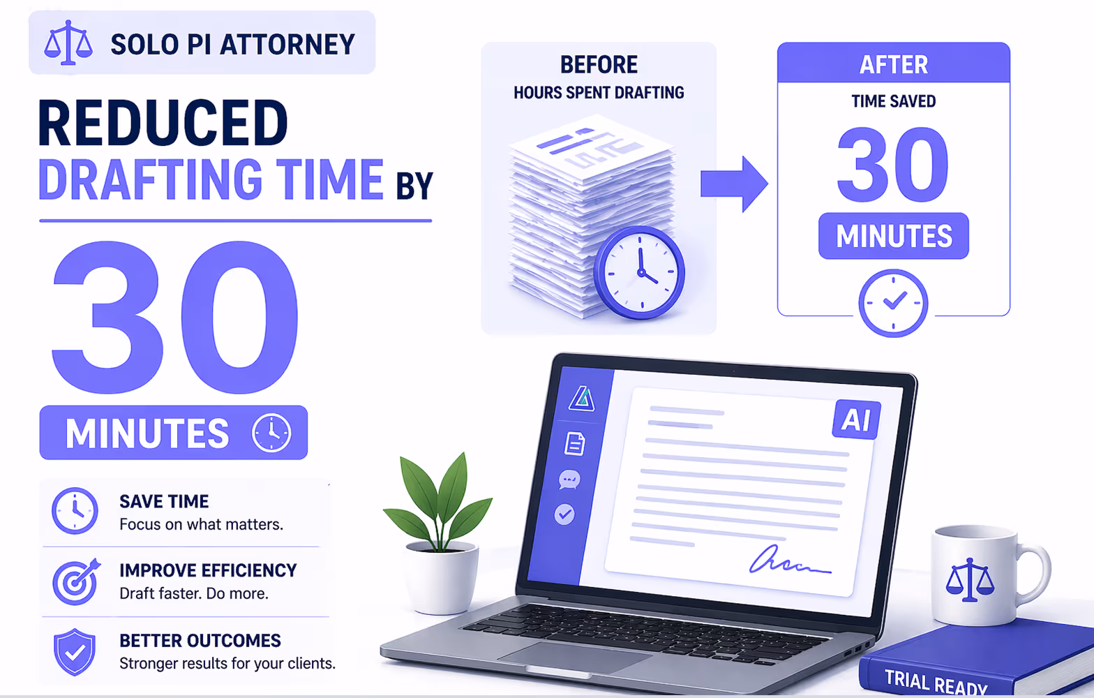Infographic showing a solo PI attorney reducing drafting time by 30 minutes, with benefits of saving time, improving efficiency, and better outcomes, alongside a laptop displaying a legal document and a coffee mug with a legal scale icon.
