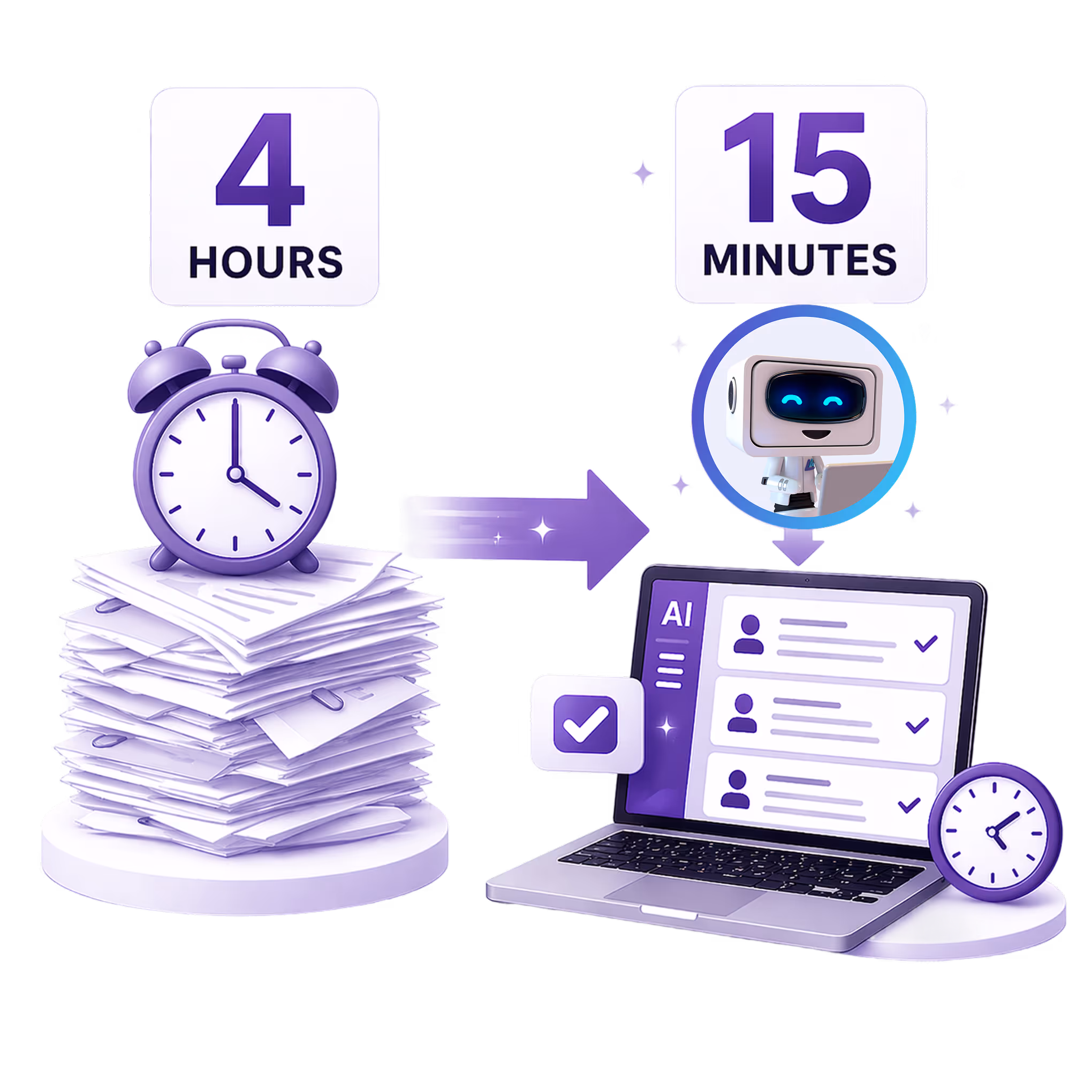 Illustration showing 4 hours spent on paperwork versus 15 minutes using AI-assisted computer for case summaries.