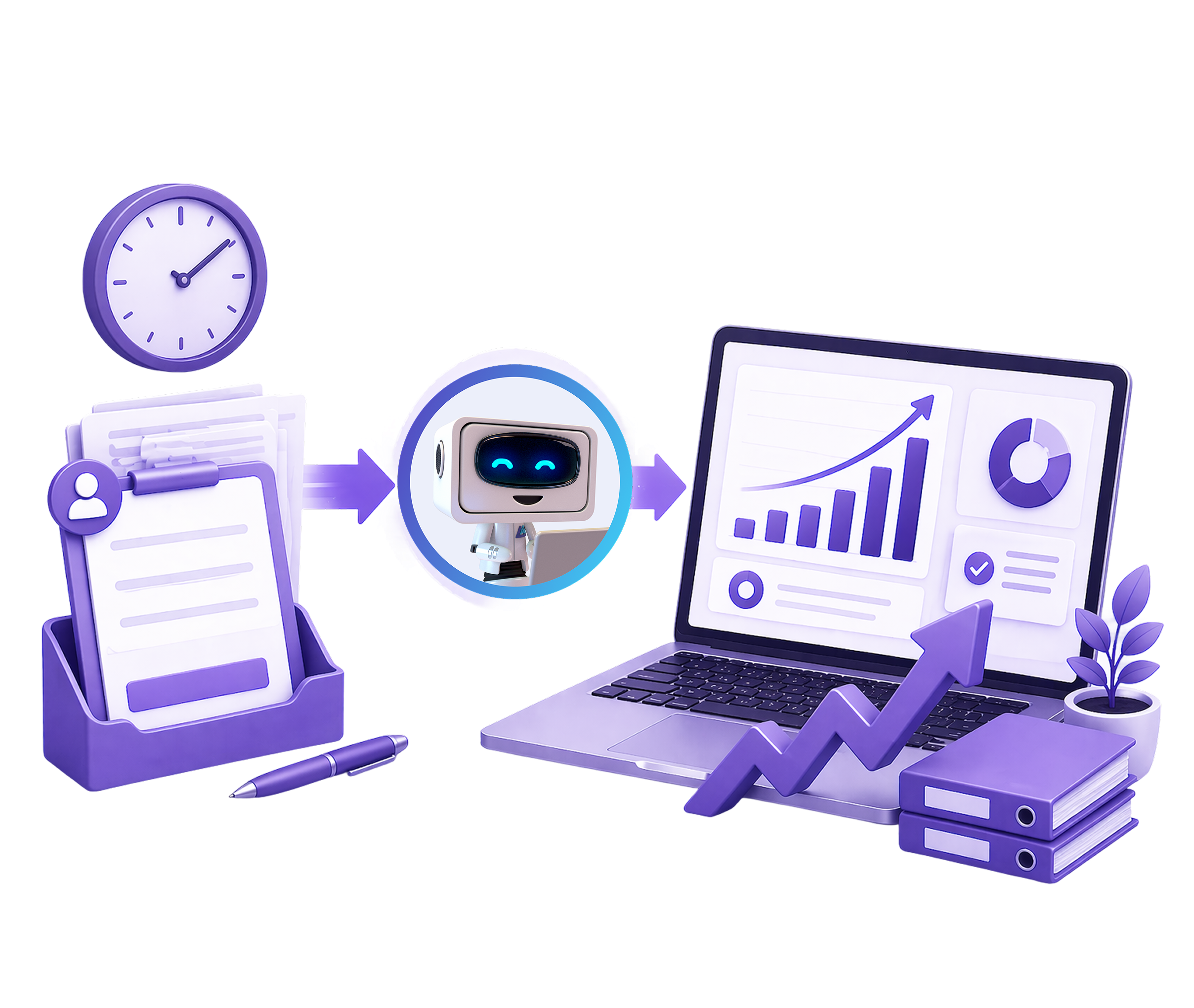 Illustration showing documents processed by an AI robot leading to growth charts displayed on a laptop.