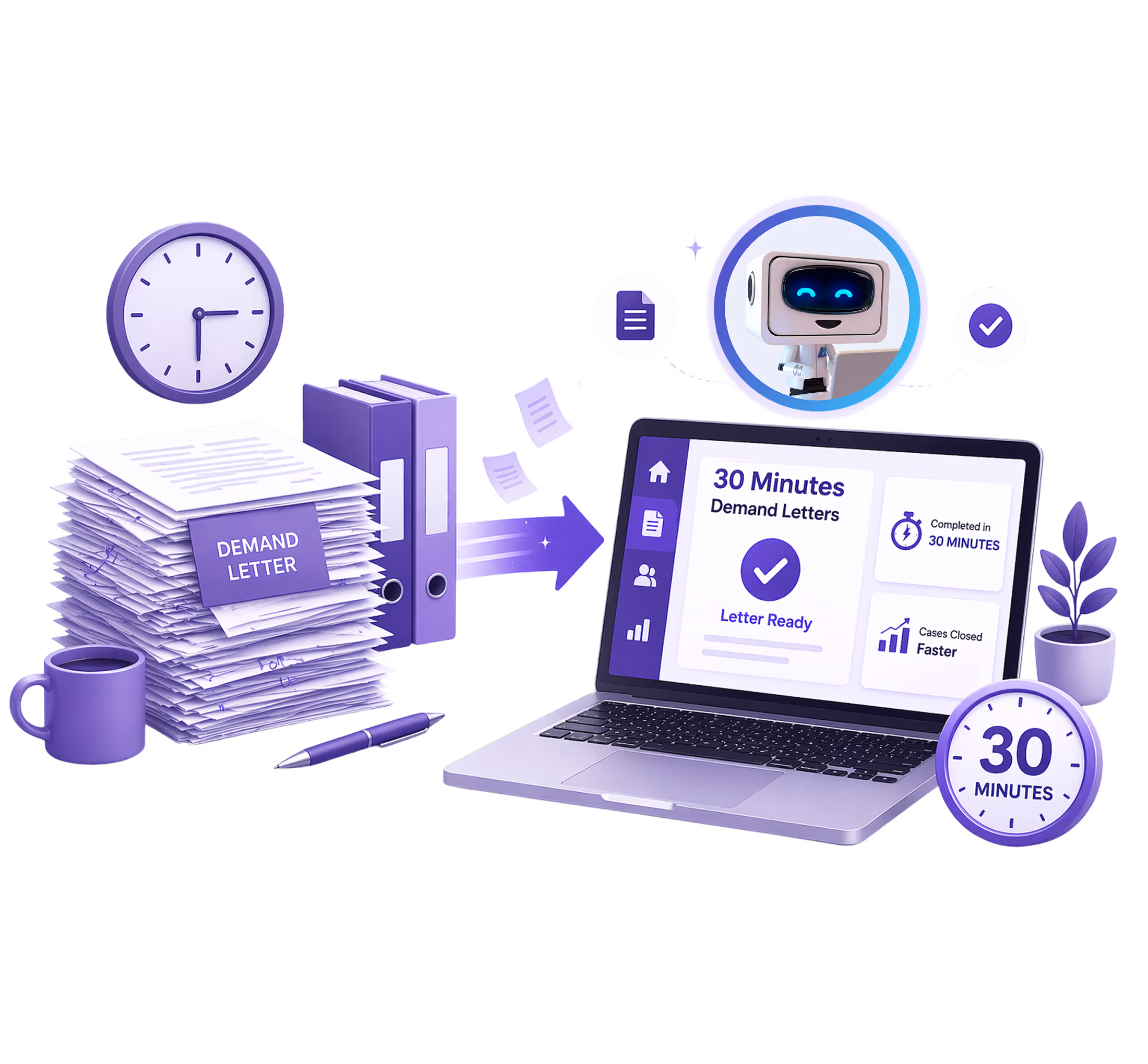 Illustration showing AI-assisted automation of demand letters, with a clock, stack of demand letters, and a laptop screen displaying '30 Minutes Demand Letters' and a smiling robot icon.