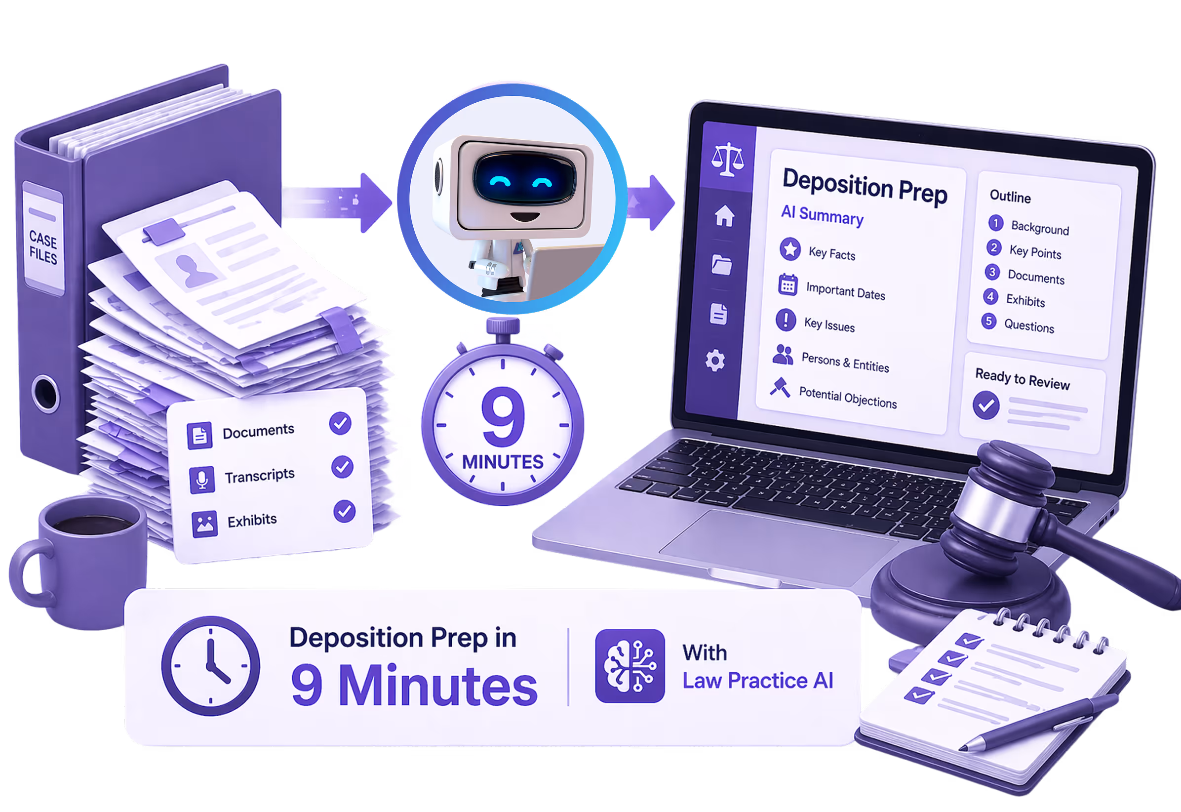 Graphic showing deposition preparation in 9 minutes using Law Practice AI, featuring a stack of case files, a friendly AI robot, a stopwatch, and a laptop with deposition prep outline and AI summary.