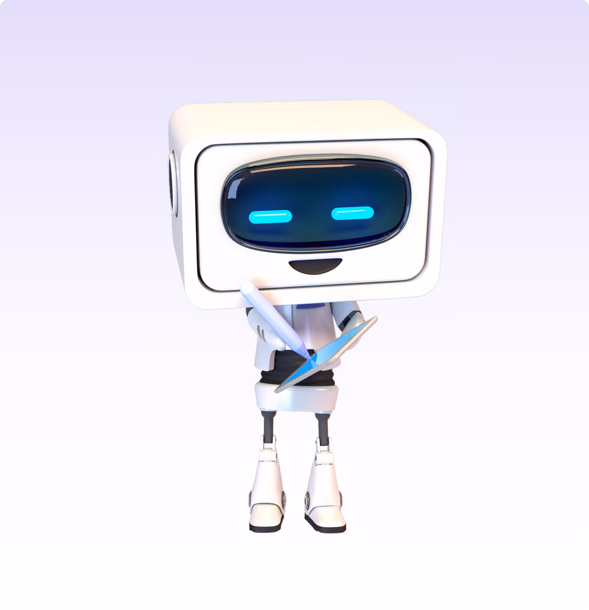 Friendly white robot with a large rectangular screen head holding and writing on a tablet with a stylus.