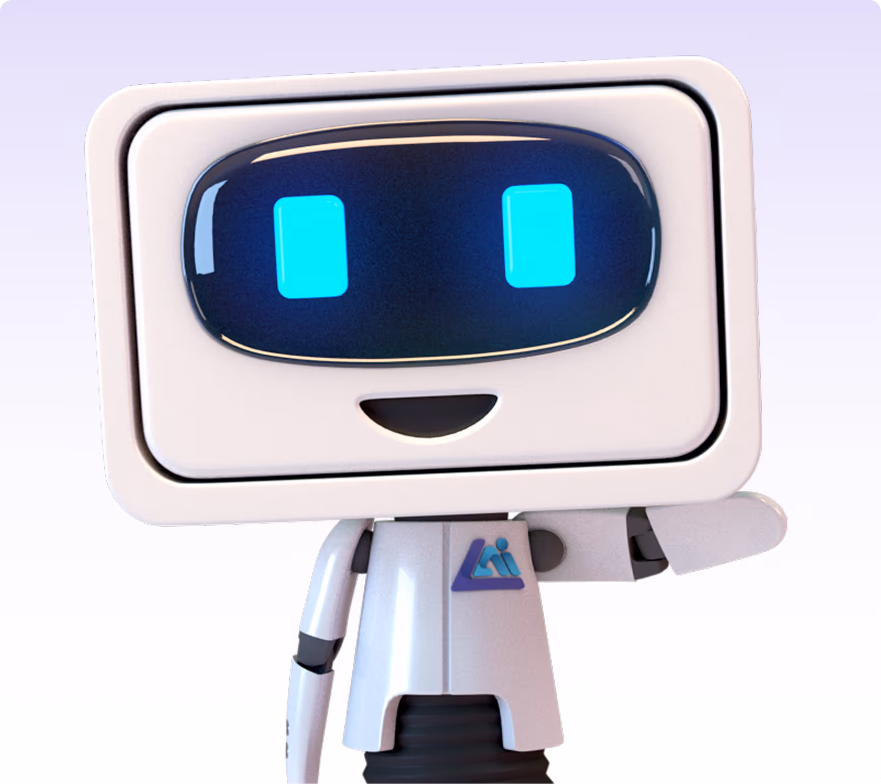 Friendly white robot with a rectangular head, bright blue eyes, and a smiling mouth waving its arm.