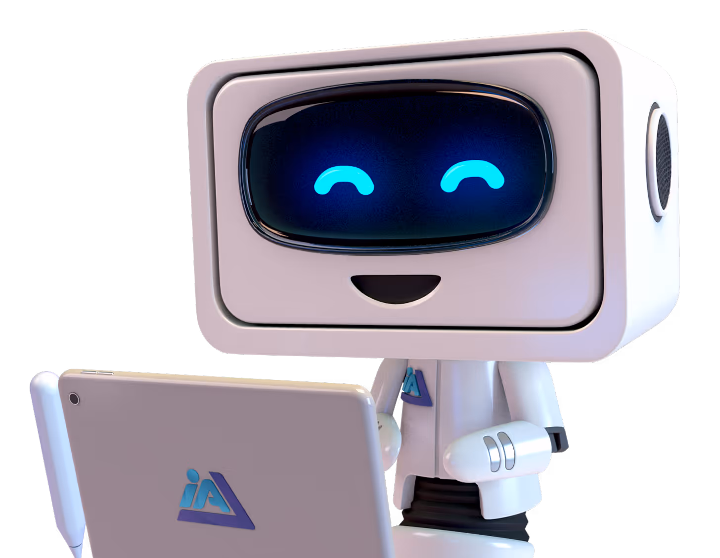Smiling robot with a retro TV screen face looking at a laptop with a stylus attached.