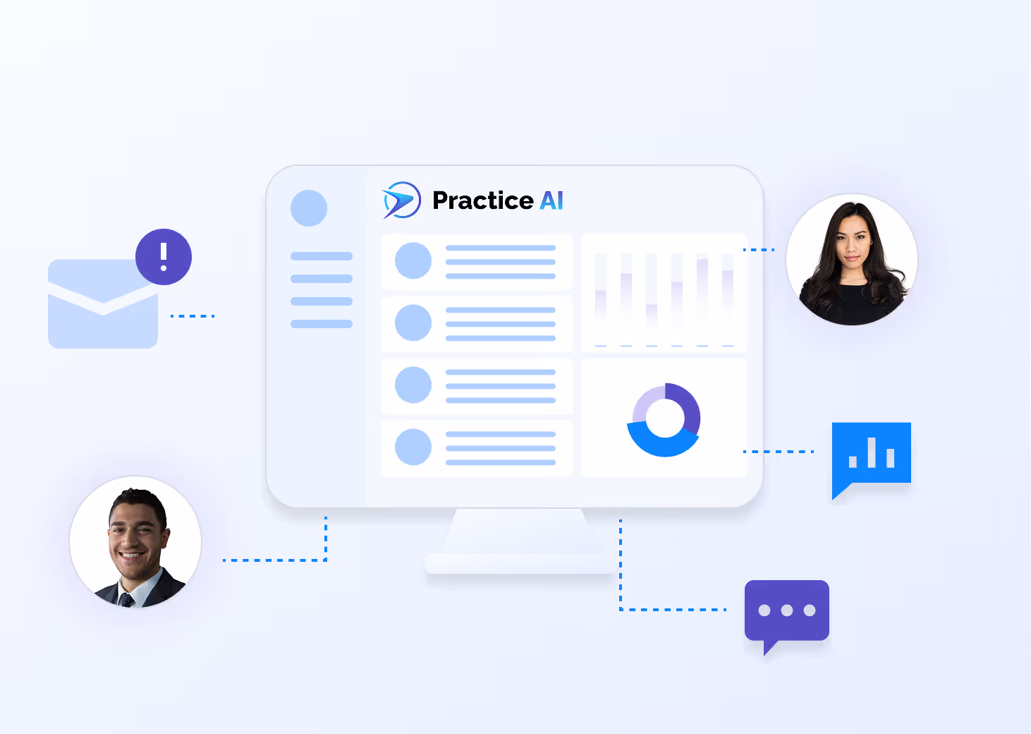 Dashboard interface labeled Practice AI showing client communication, charts, and connections to two user profile photos and communication icons.