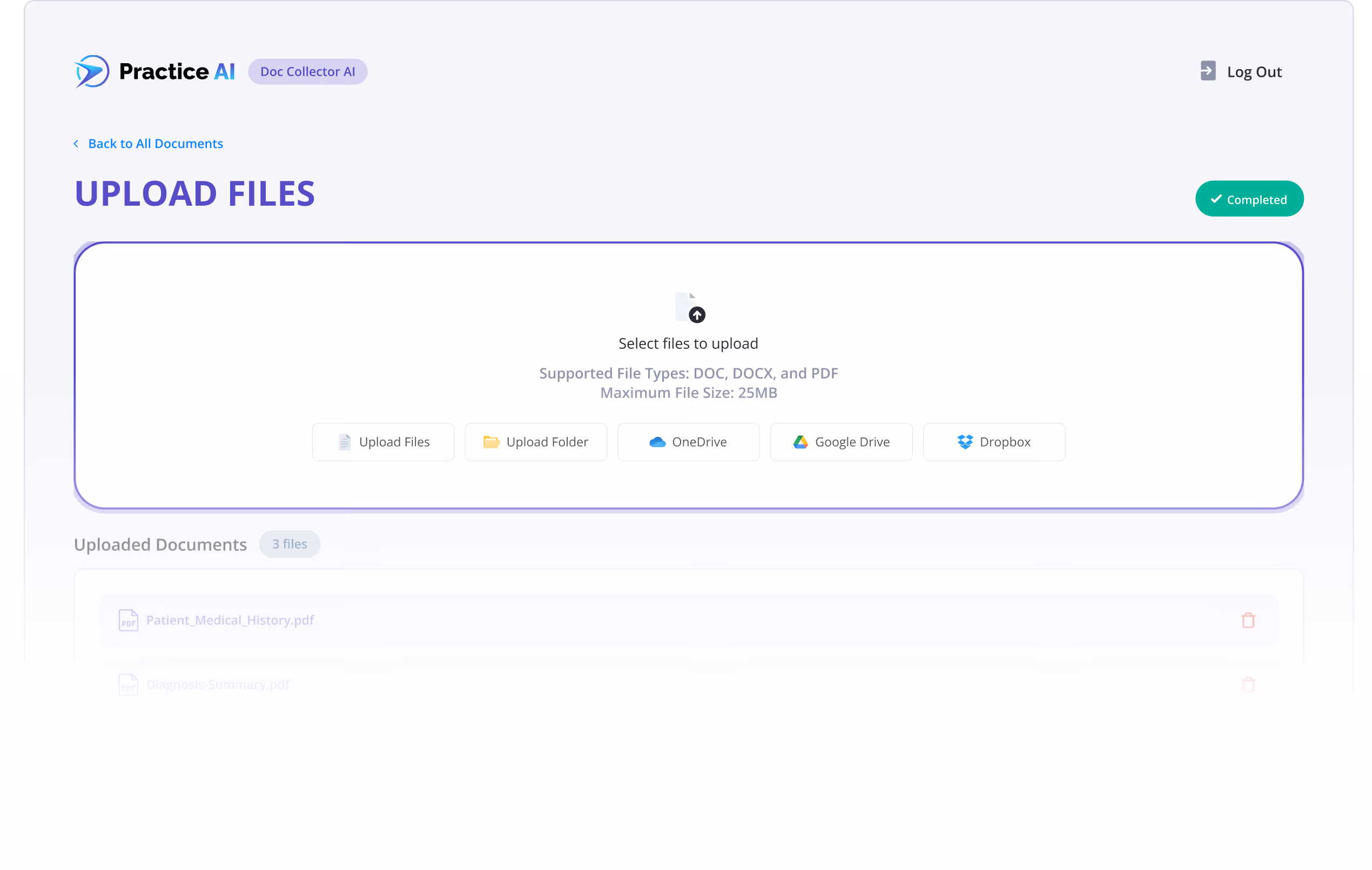 Upload files interface from Practice AI showing options to upload files or folders from device, OneDrive, Google Drive, and Dropbox with a completed status and 3 files uploaded.