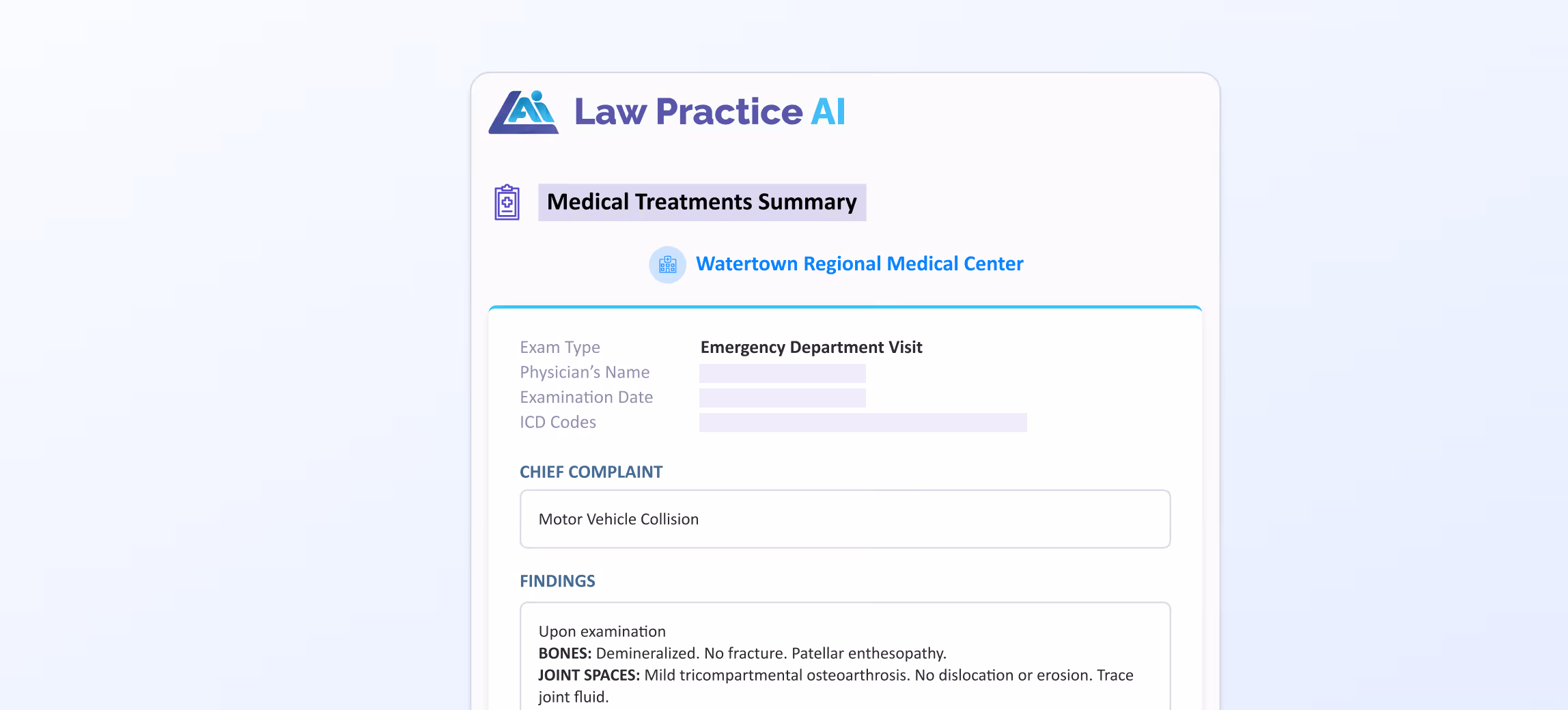 Medical treatment summary from Watertown Regional Medical Center for an emergency department visit showing chief complaint of motor vehicle collision and findings of demineralized bones and mild tricompartemental osteoarthritis.