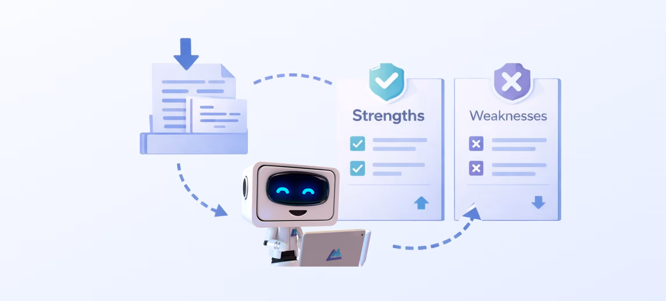 Illustration of a smiling robot analyzing strengths and weaknesses lists with check and cross marks linked to documents.