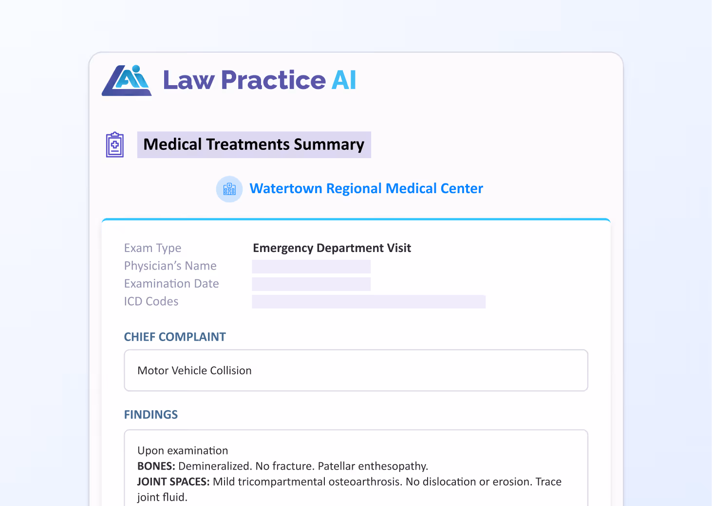 Medical treatments summary from Watertown Regional Medical Center showing emergency department visit details for a motor vehicle collision, including findings on bones and joint spaces.
