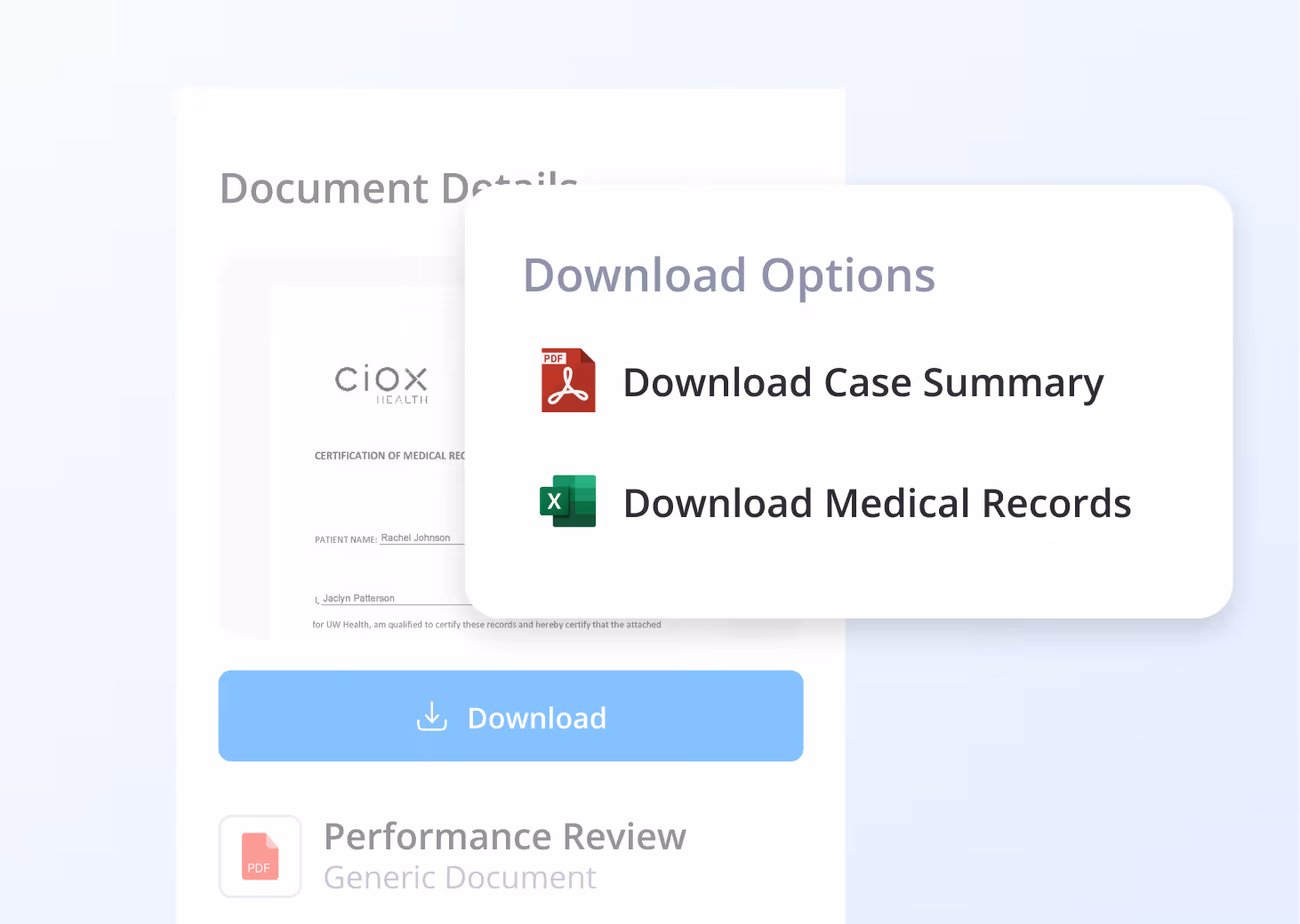 Screen showing download options with icons for PDF case summary and Excel medical records.