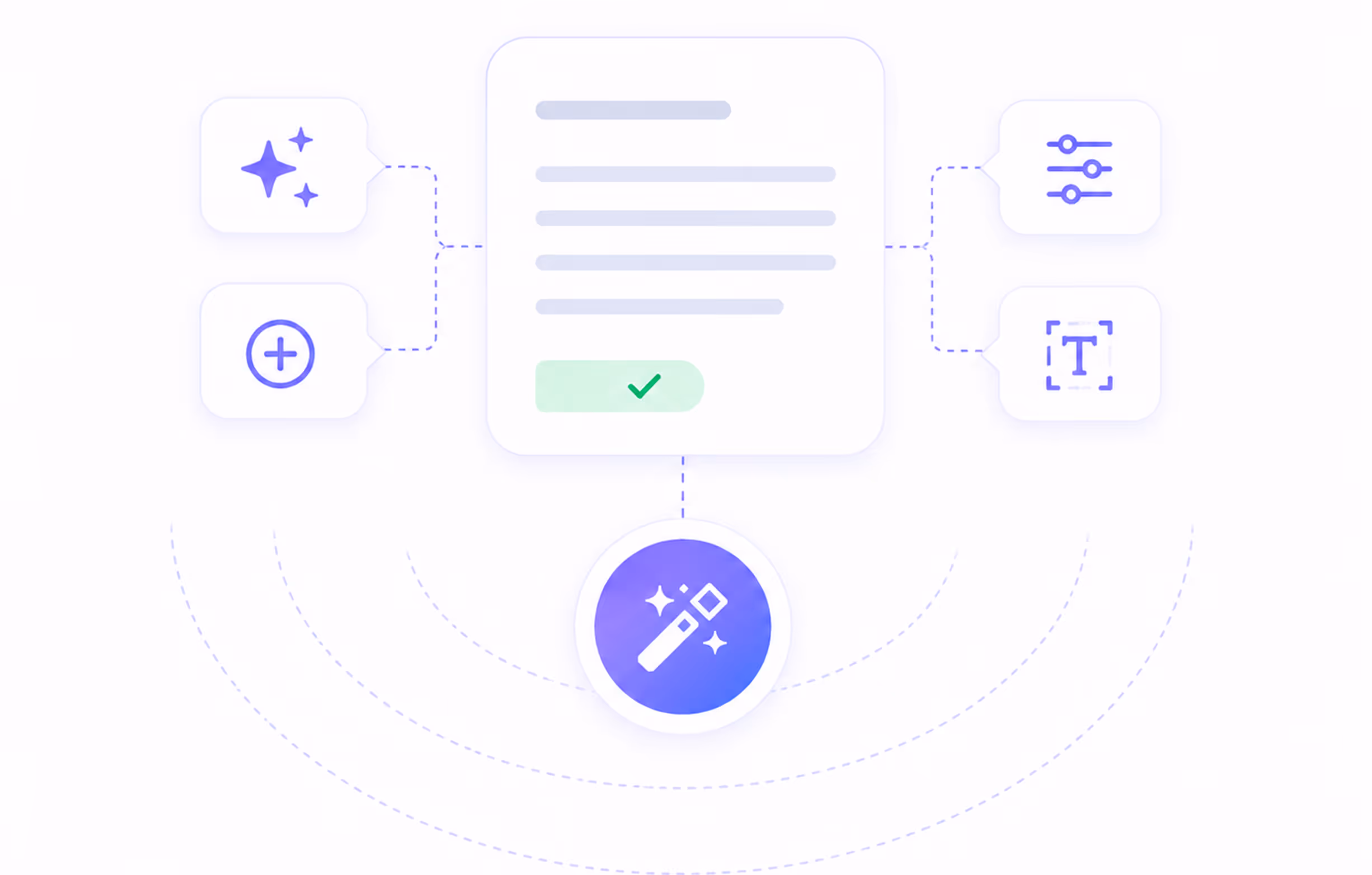 AI magic wand icon connected to a document with icons for enhancement, add, settings, and text tools.