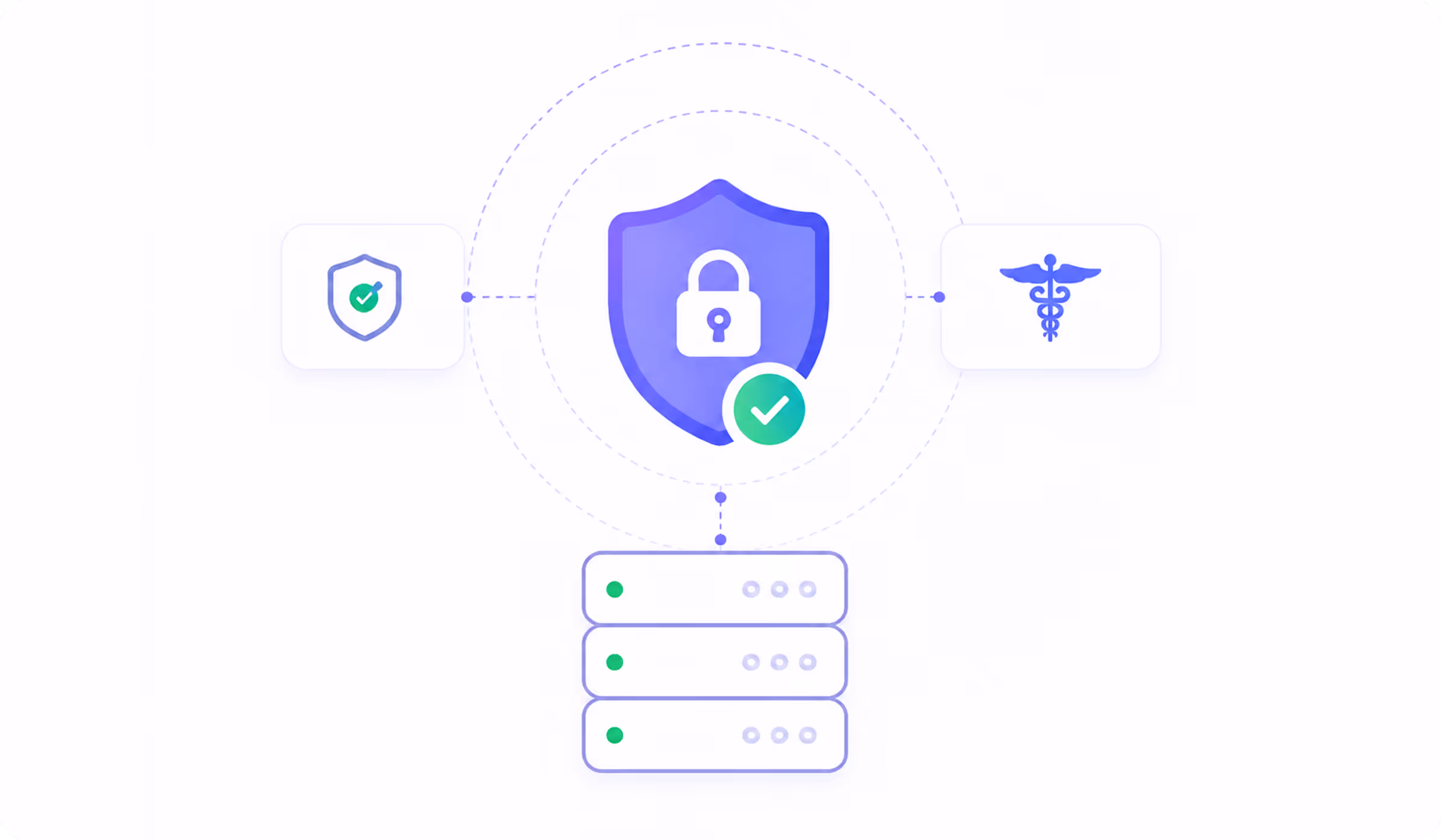 Shield with lock and checkmark above three servers connected to shield and medical symbol icons.