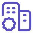 Two outlined buildings with a badge-like star symbol in front, representing office or business certification.