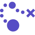 Purple map pin marker with circular dots trailing to an X symbol on the right.