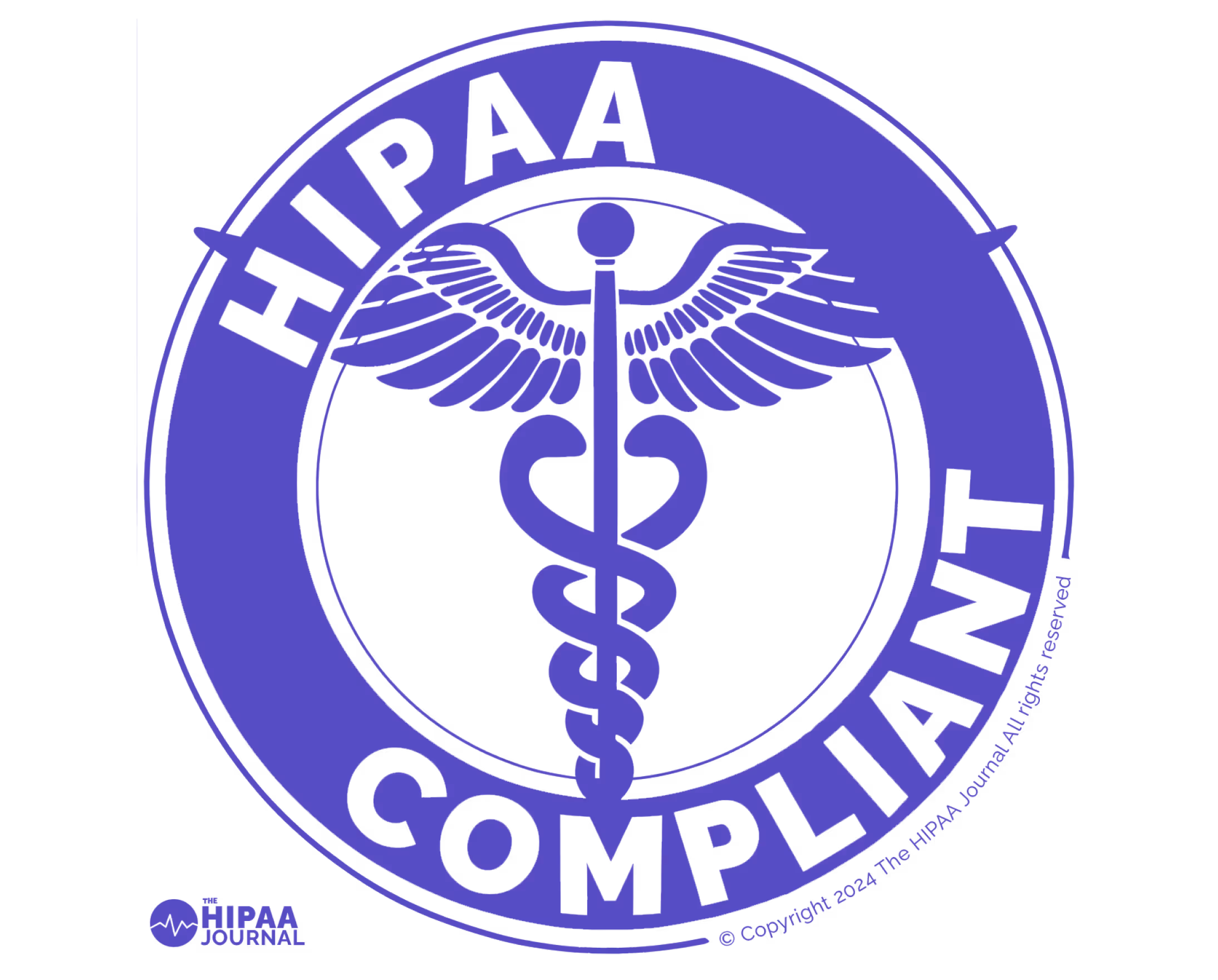 Purple circular HIPAA Compliant badge with a caduceus medical symbol in the center.