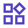 Four purple outlined geometric shapes: two squares on left, one square and tilted square on right.