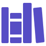 Icon showing four purple books in varying sizes upright and stacked.