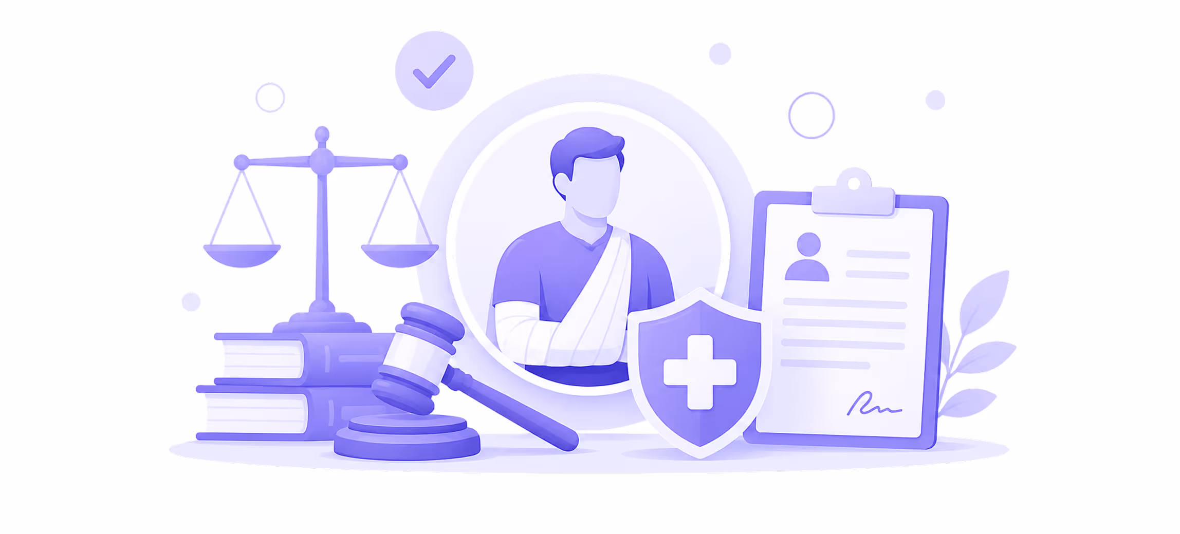 Illustration of injured person with legal symbols: scales, gavel, books, shield, and signed document.