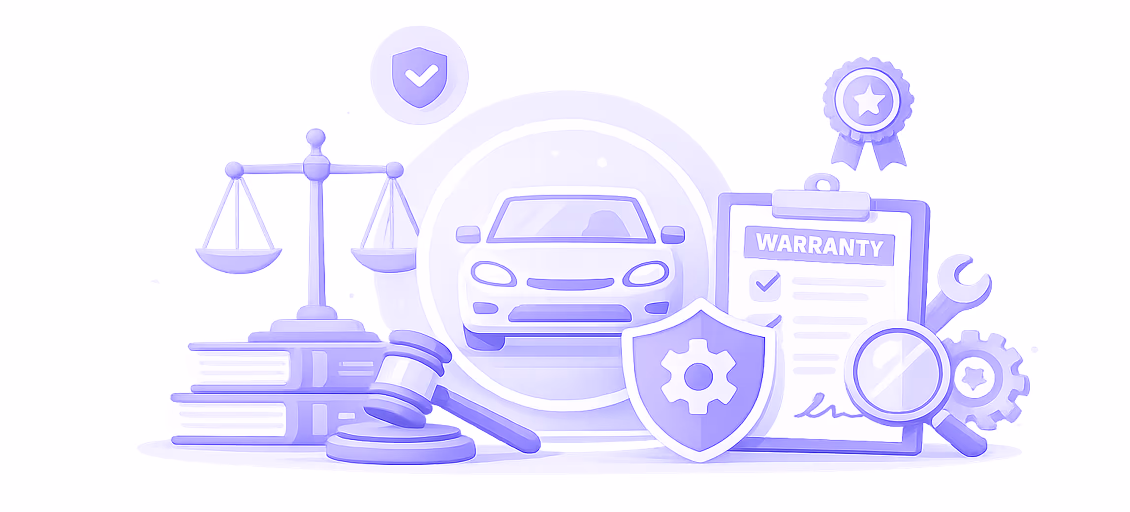 Illustration of car with warranty clipboard, legal scales, gavel, shield, and magnifying glass icons.