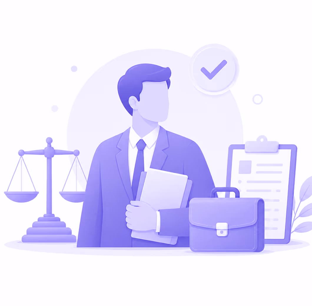 Illustration of a faceless lawyer holding folders with a balance scale, briefcase, and clipboard nearby.
