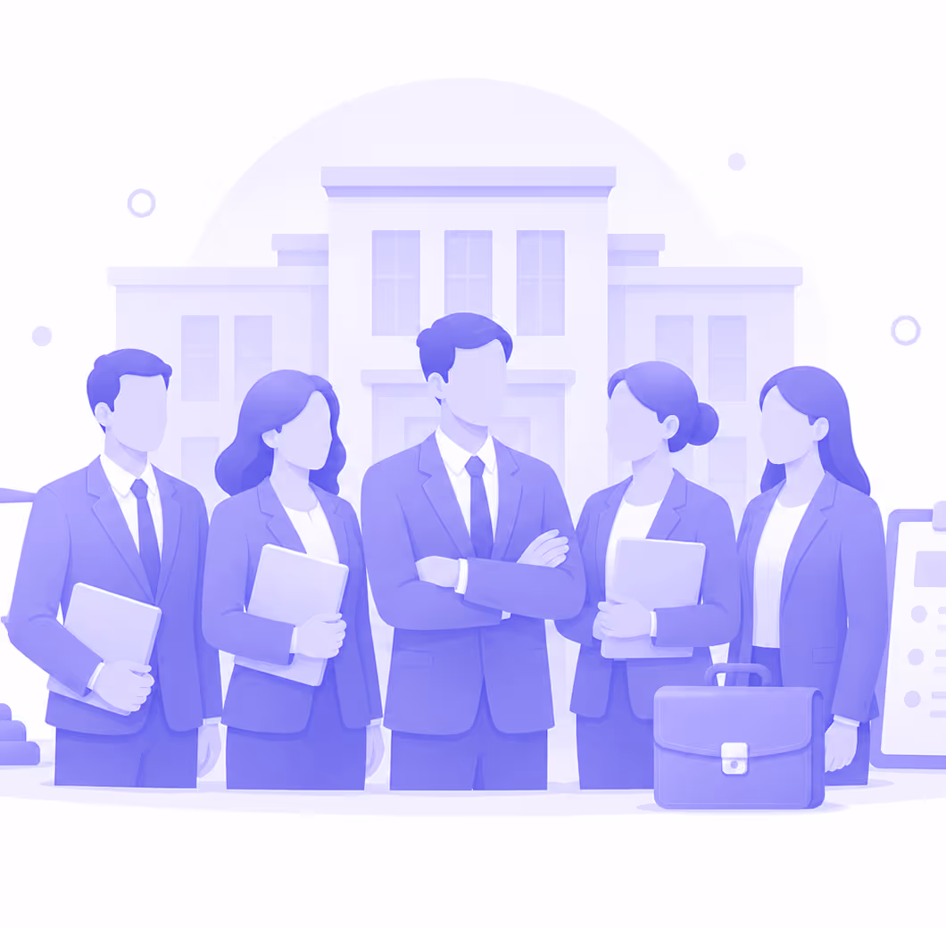 Five faceless business professionals in suits standing in front of a modern office building.