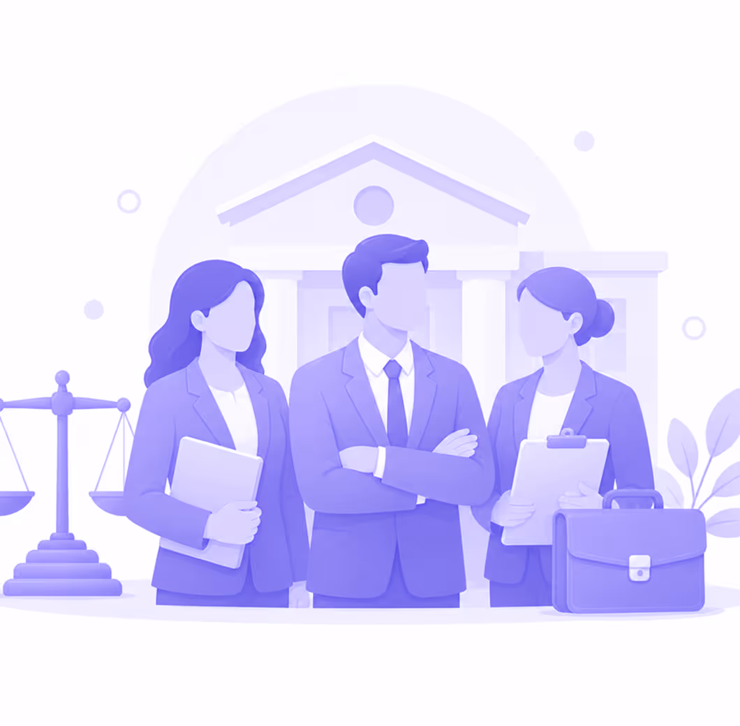 Three faceless professionals in suits stand in front of a courthouse with a justice scale and briefcase nearby.