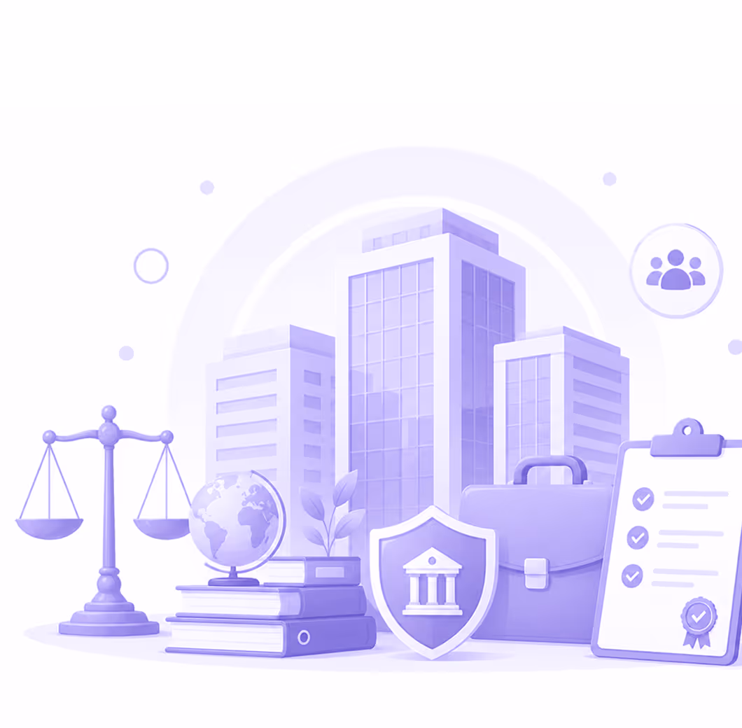 Corporate buildings with legal scales, globe, books, briefcase, shield, and checklist icons.