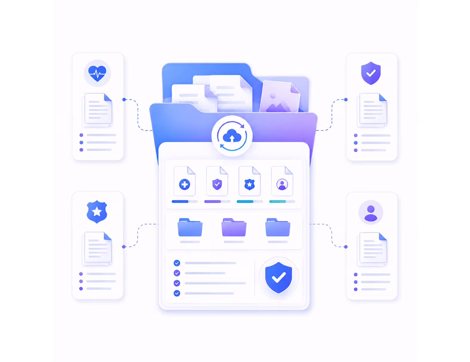 Digital folder with documents linked to icons representing health, security, and user profiles.