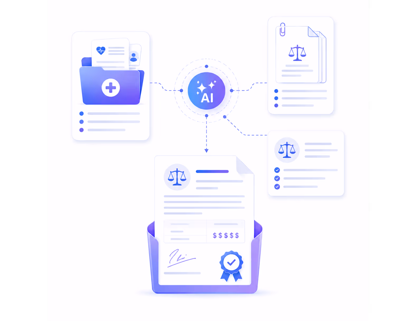 Graphic showing AI processing medical records and legal documents to produce certified legal output.