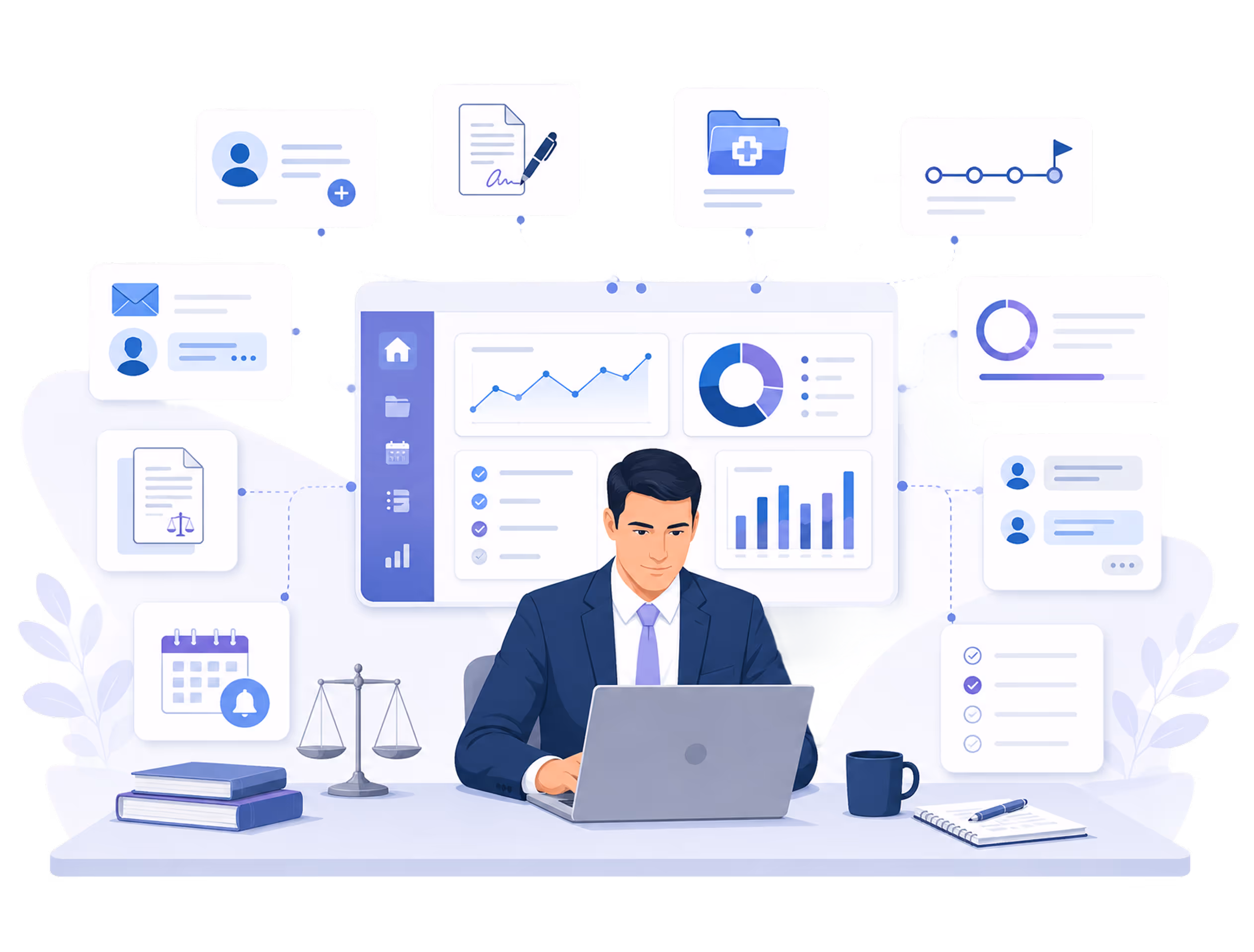Man in suit working on laptop surrounded by legal and data analytics icons and charts.