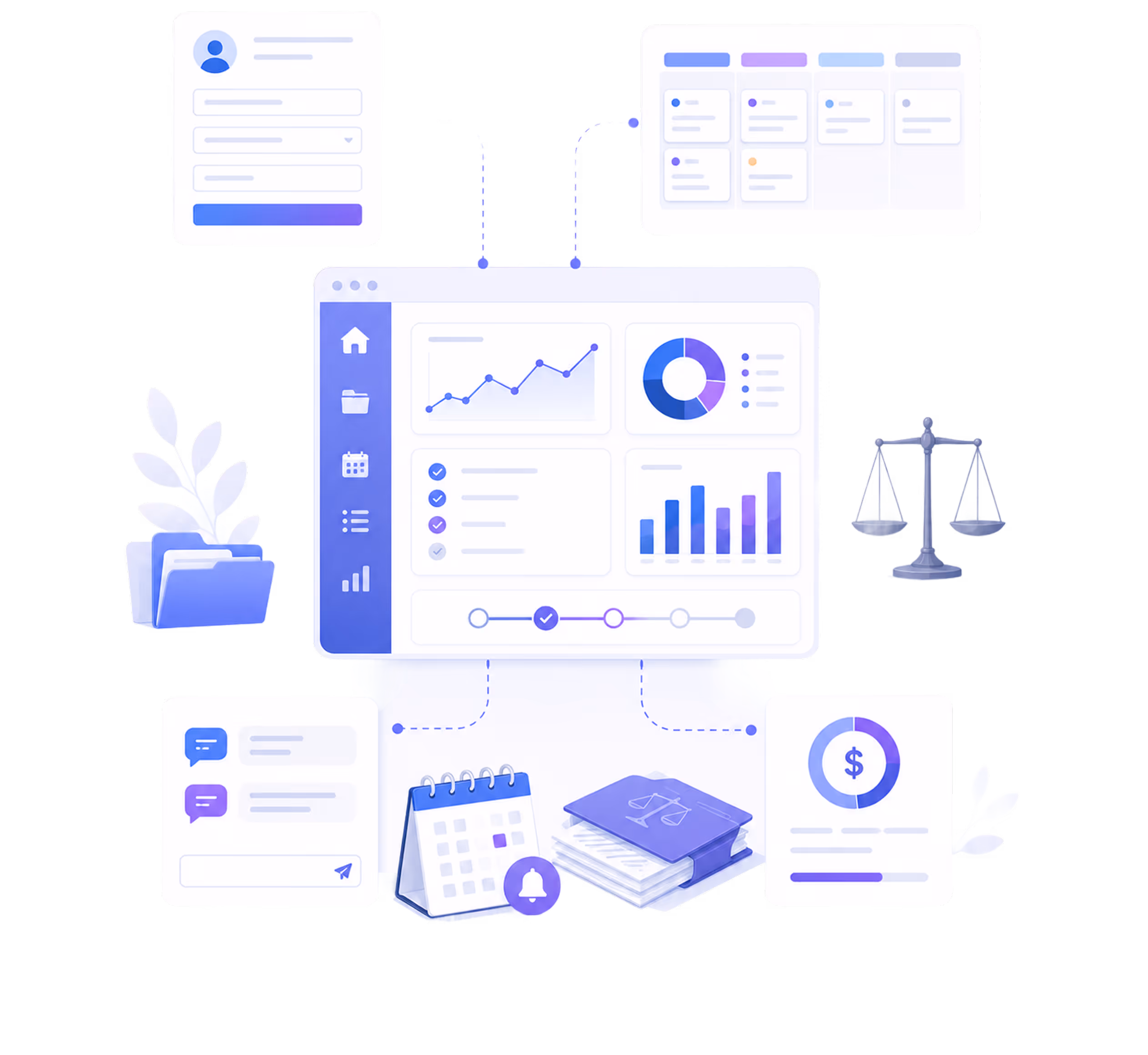 Dashboard interface with charts, calendar, chat, legal books, scales, and folder icons representing law firm software.