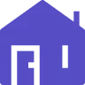 Purple icon of a house with a chimney and an adjacent door on the left side.