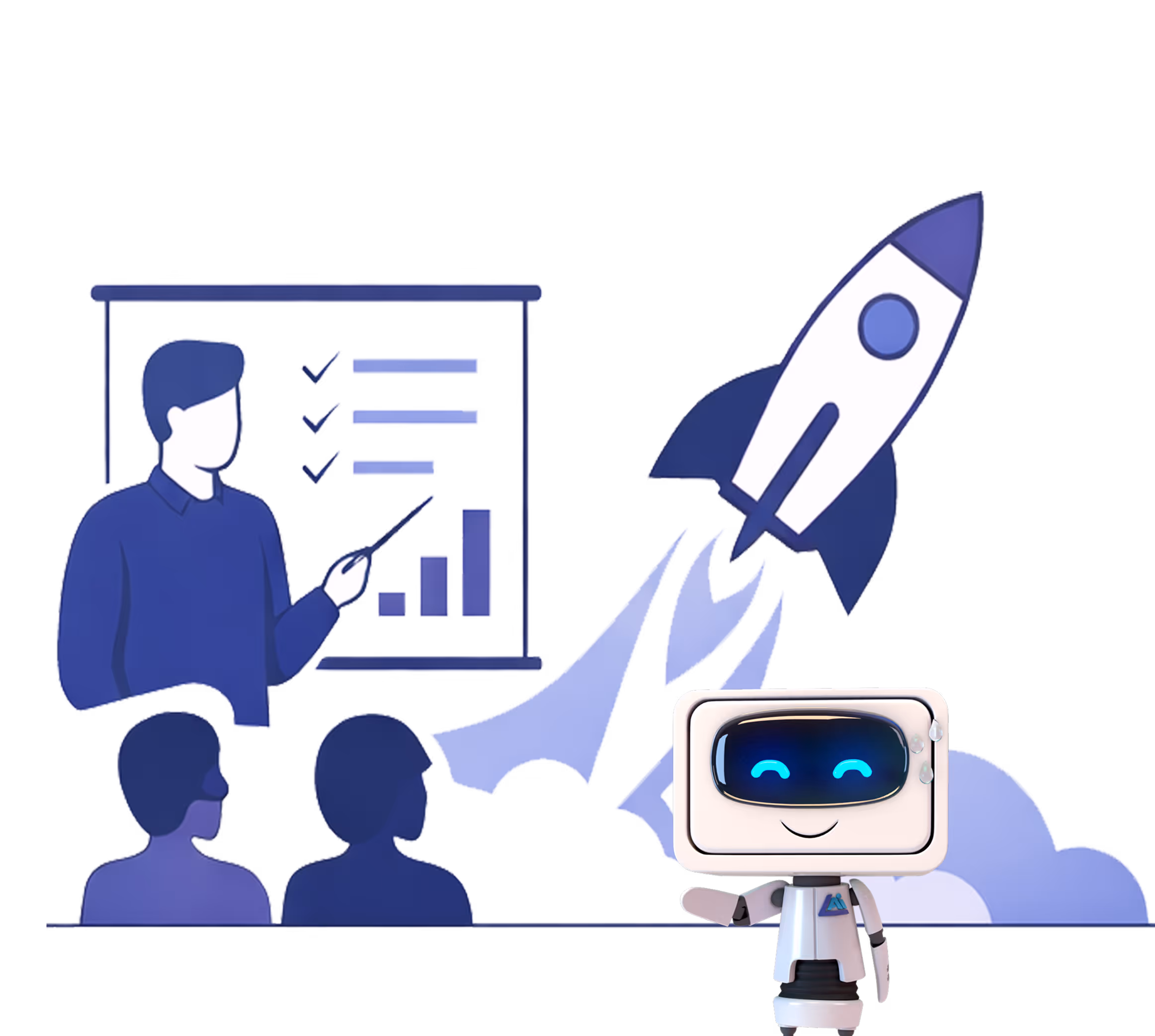 Illustration of a man presenting a checklist and graph to an audience with a rocket launch and smiling robot.