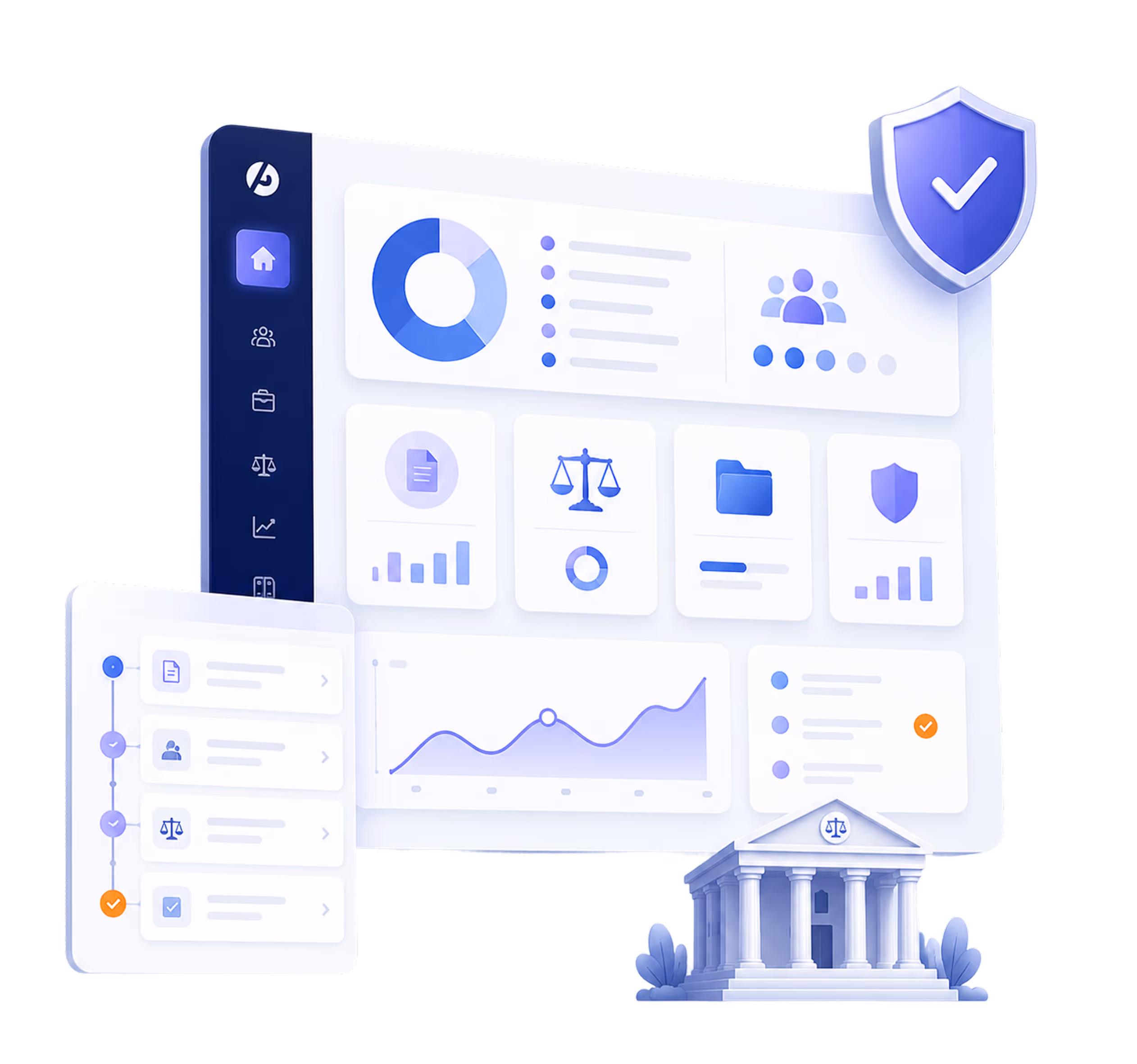 Dashboard interface with charts and legal icons alongside a courthouse and shield symbol.