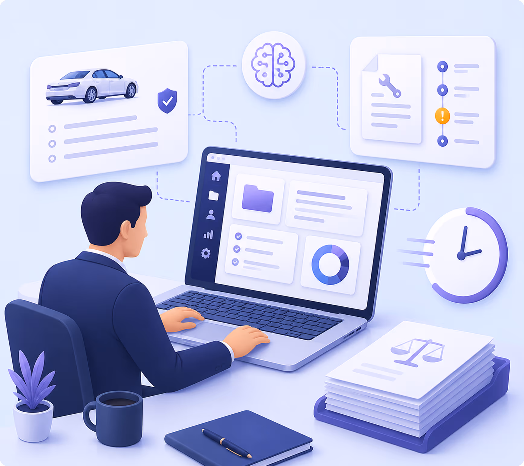 Man in suit working on laptop with legal documents, AI icon, car, and clock graphics floating around.