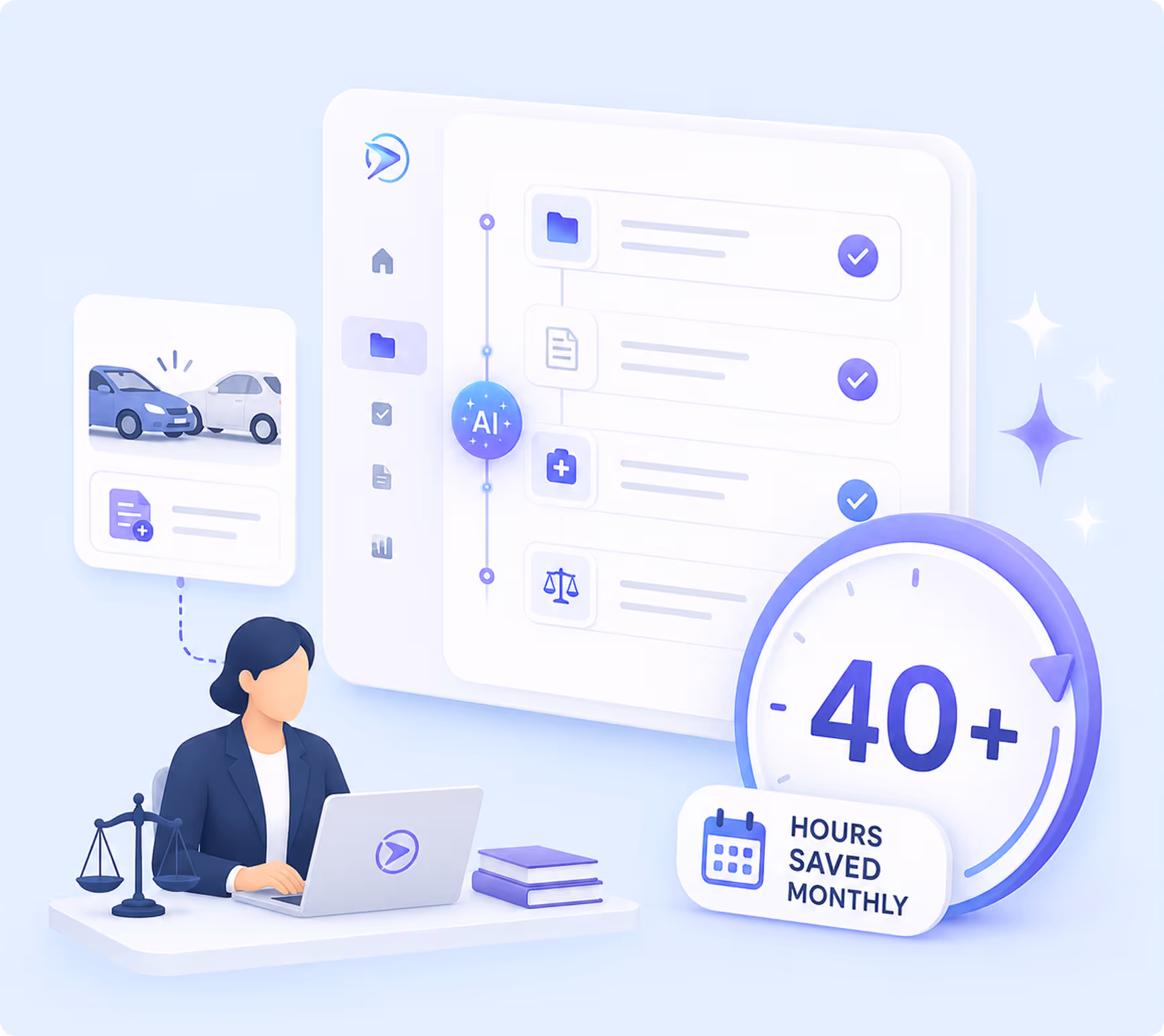Attorney using AI software on laptop with claim files, saving over 40 hours monthly.