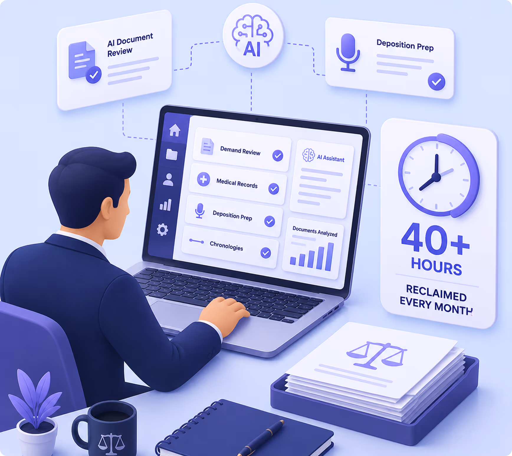 Person using laptop with AI tools for document review, deposition prep, and reclaiming 40+ hours monthly.